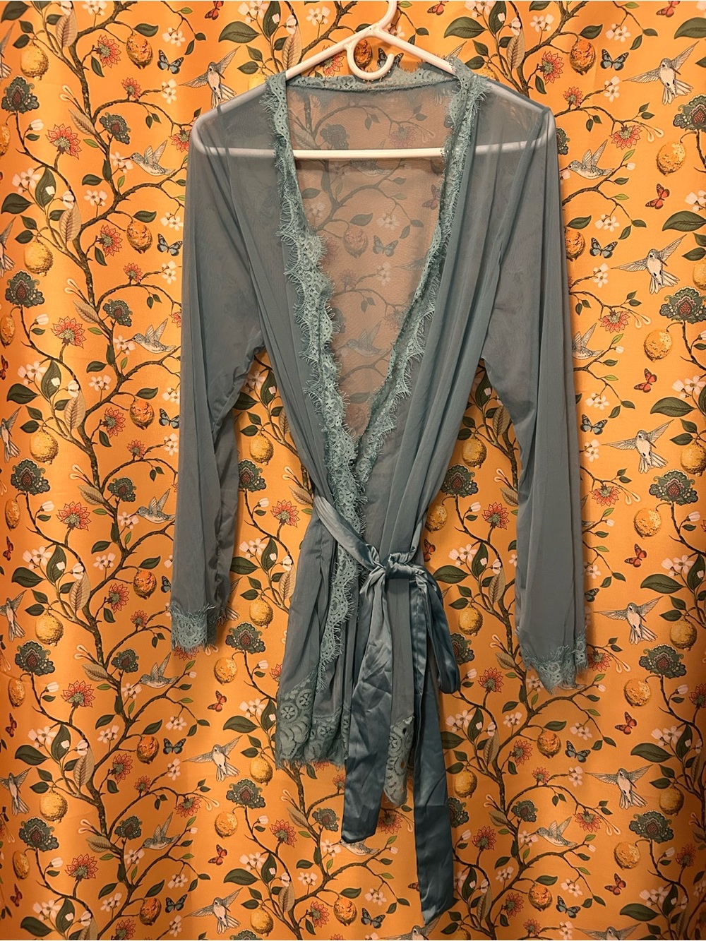 Lace-Trim Sheer Robe in Dusty Teal - Women's Intimates